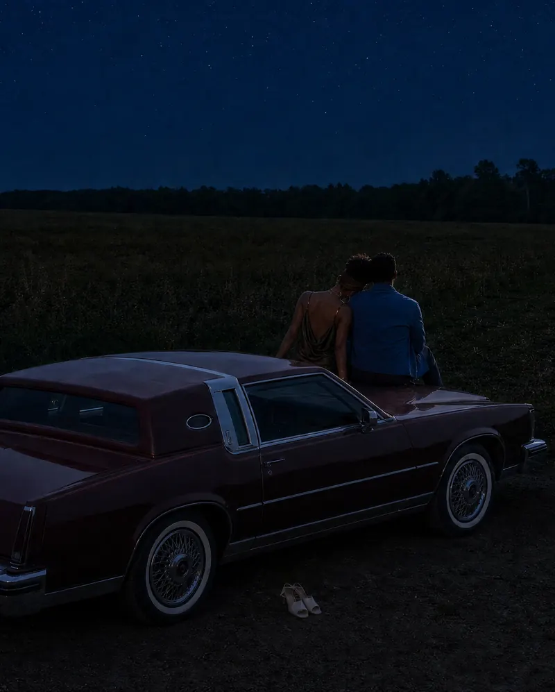 June and Theo from behind, sitting on the hood of a burgundy Cadillac in a field at night, her mules on the gravel.